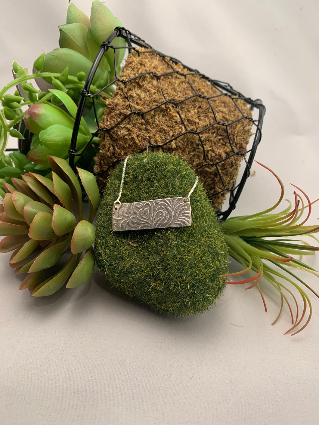 Sterling Silver Horizontal Bar Pendant, Patterned